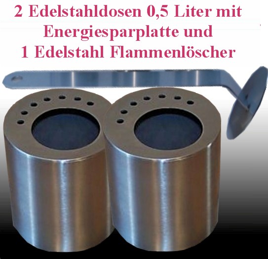 2 Edels Dosen 0,5 mit Energie Sparplatte mit Fl.löscher Watte Ethanol Kamin Gel 